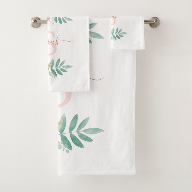 Watercolor Floral Monogram Bath Towel Set (Insitu)