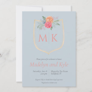 Watercolor  Floral Monogram Crest Bridal Shower Invitation