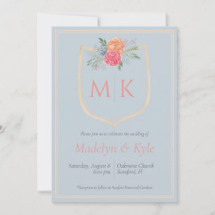 Watercolor Floral Monogram Crest Wedding Invitation