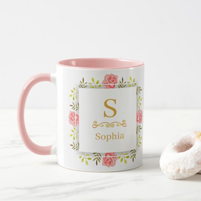 Watercolor Floral Monogram I Custom Gold Initial Mug (With Donut)