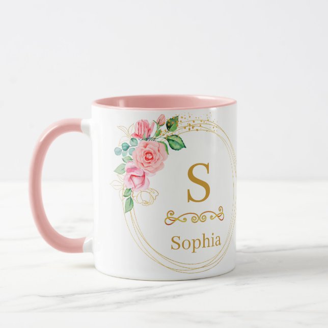 Watercolor Floral Monogram I Custom Gold Initial Mug (Left)
