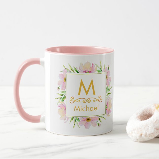 Watercolor Floral Monogram I Gold Initial & Name Mug (With Donut)