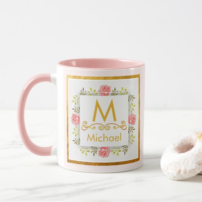 Watercolor Floral Monogram I Gold Initial & Name Mug (With Donut)