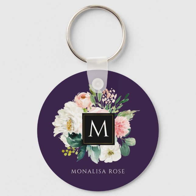 watercolor floral monogram  keychain (Front)