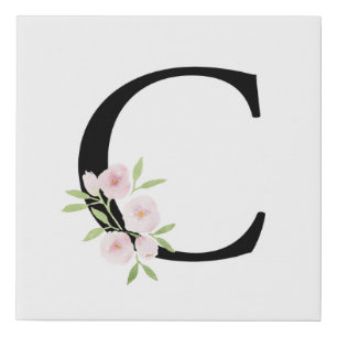 Watercolor Floral Monogram Letter C Initial Faux Canvas Print