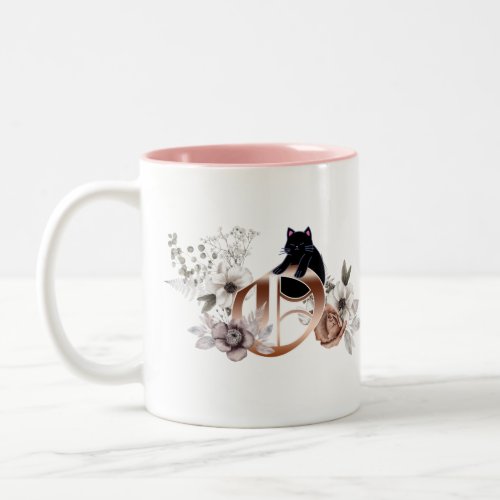 Watercolor Floral Monogram O with Cat Two_Tone Coffee Mug
