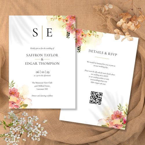 Watercolor Floral Monogram QR Code Wedding Invitation