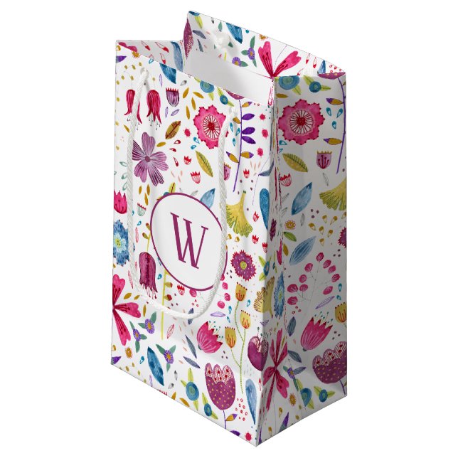 Watercolor Floral Monogram Small Gift Bag (Front Angled)