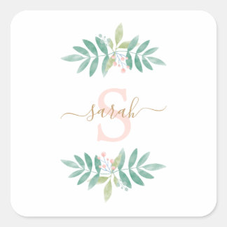 Watercolor Floral Monogram Square Sticker