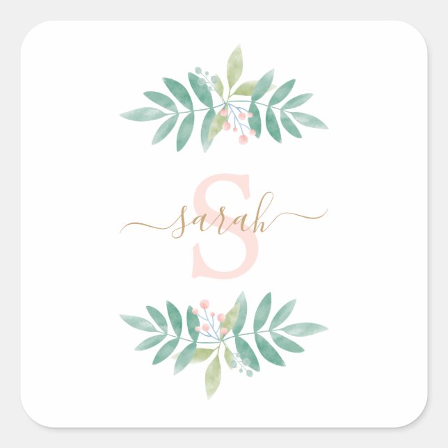 Watercolor Floral Monogram Square Sticker (Front)