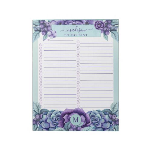 Watercolor Floral Monogram To Do List Notepad
