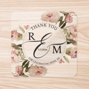 watercolor floral monogram wedding thank you clear square sticker