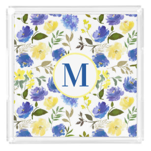 Watercolor Floral Monogram Yellow Blue Acrylic Tray