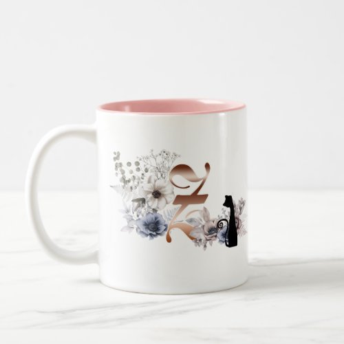Watercolor Floral Monogram Z with Cat Two_Tone Coffee Mug