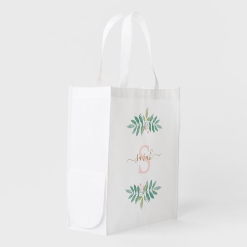 Watercolor Floral Monogrammed Grocery Bag