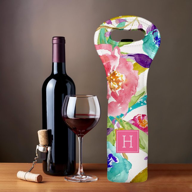 Watercolor Floral Monogrammed Wine Bag (Creator Uploaded)