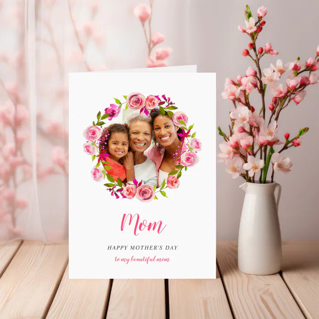 Watercolor Floral Mother's Day Photo Card for Mom | Zazzle