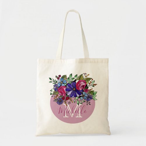Watercolor Floral Name and Monoram Tote Bag