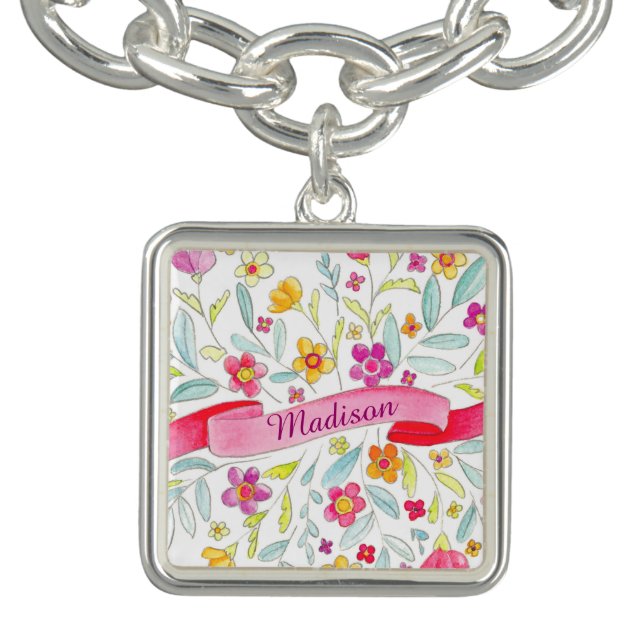 Watercolor floral name charm charm bracelet (Design)