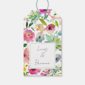Watercolor Floral NAME & NAME Wedding Colorful Gift Tags