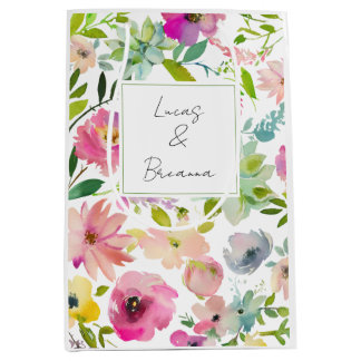 Watercolor Floral NAME & NAME Wedding Colorful Medium Gift Bag