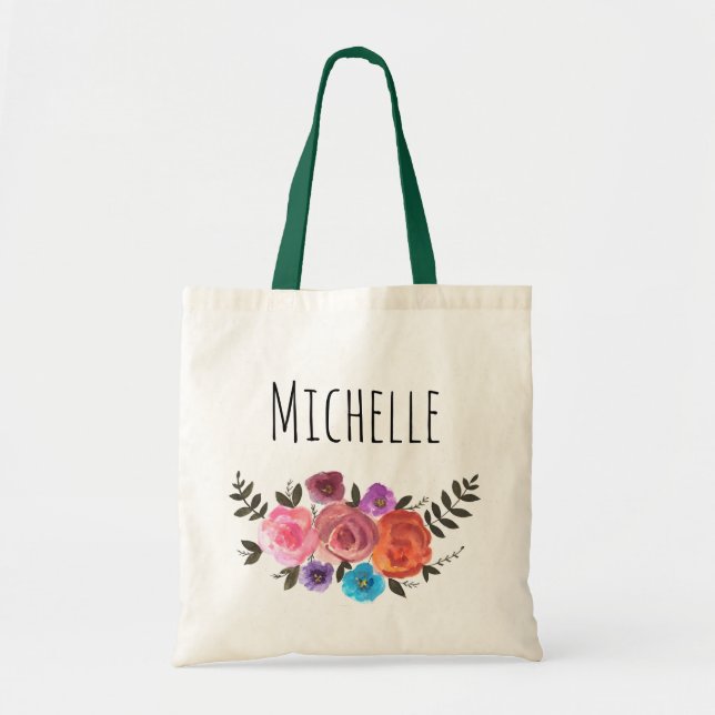 Watercolor Floral Name Tote Bag (Front)