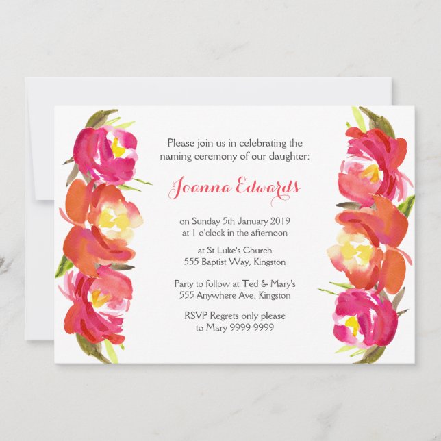 Watercolor Floral Naming Ceremony Personalized Invitation (Front)