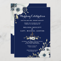 Watercolor Floral Nautical Navy and White Wedding Invitation