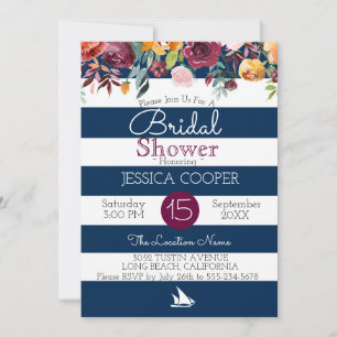 Watercolor Floral Nautical Stripe Bridal Shower Invitation