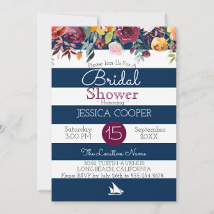 Watercolor Floral Nautical Stripe Bridal Shower Invitation