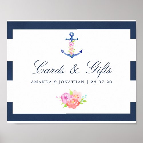 Watercolor Floral Nautical Wedding Cards and Gifts Poster