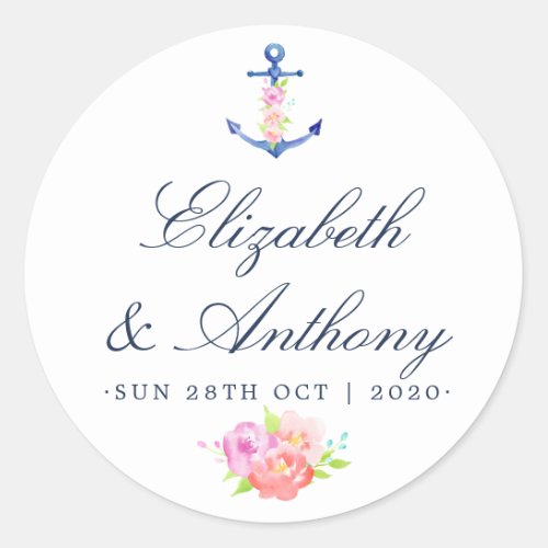 Watercolor Floral Nautical Wedding Classic Round Sticker
