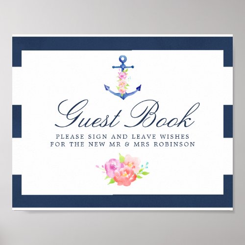 Watercolor Floral Nautical Wedding Guest Book Sign