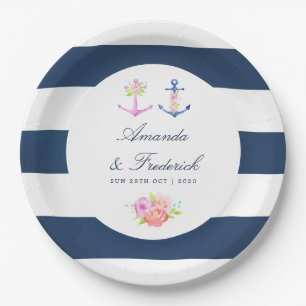 Watercolor Floral Nautical Wedding Paper Plates