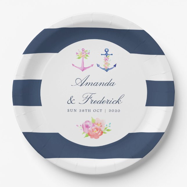 Watercolor Floral Nautical Wedding Paper Plates (Front)