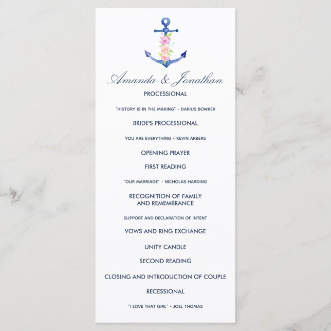 Watercolor Floral Nautical Wedding Program (Front)