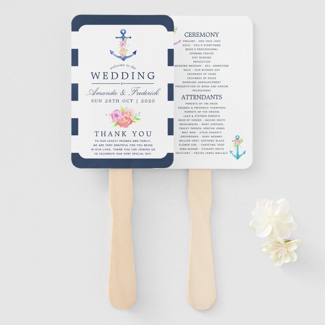 Watercolor Floral Nautical Wedding Program Hand Fan (Front and Back)