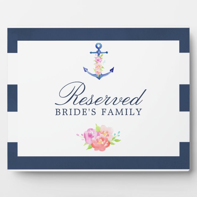 Watercolor Floral Nautical Wedding Reserved Sign Plaque (Front)