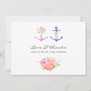 Watercolor Floral Nautical Wedding Thank You Card