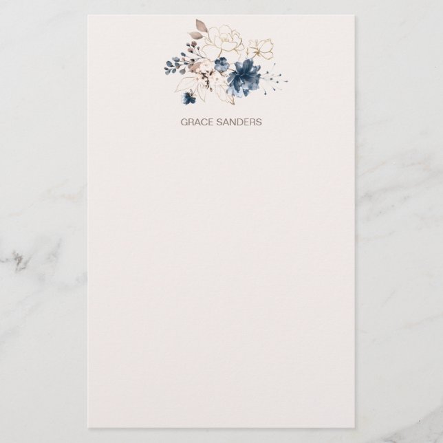 Watercolor floral navy blue and gold stationery (Front)
