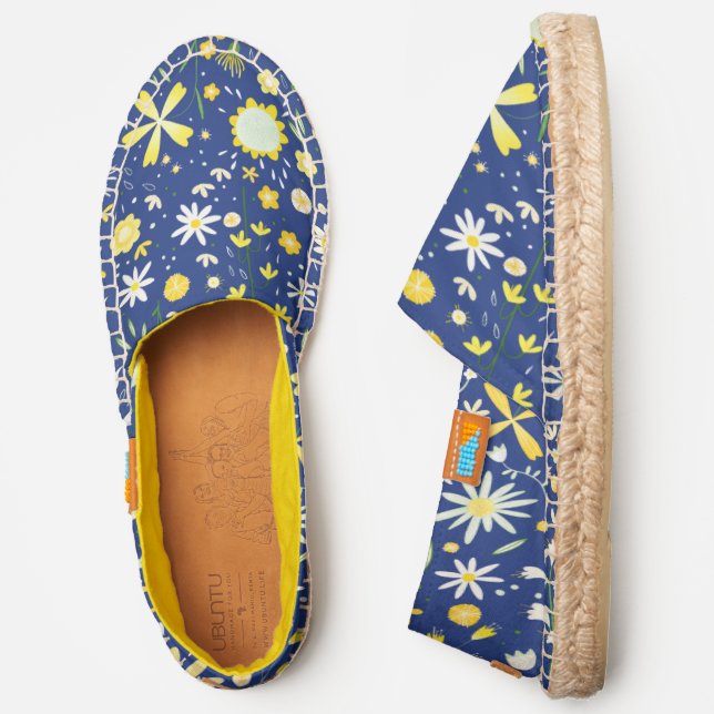 Watercolor Floral Navy Blue and Yellow Pattern Espadrilles (Side)