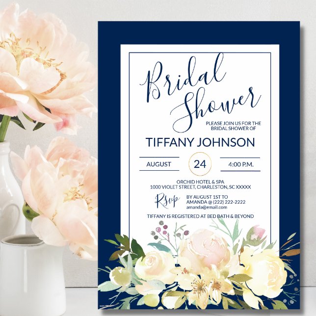 Watercolor Floral Navy Blue Bridal Shower Invitation