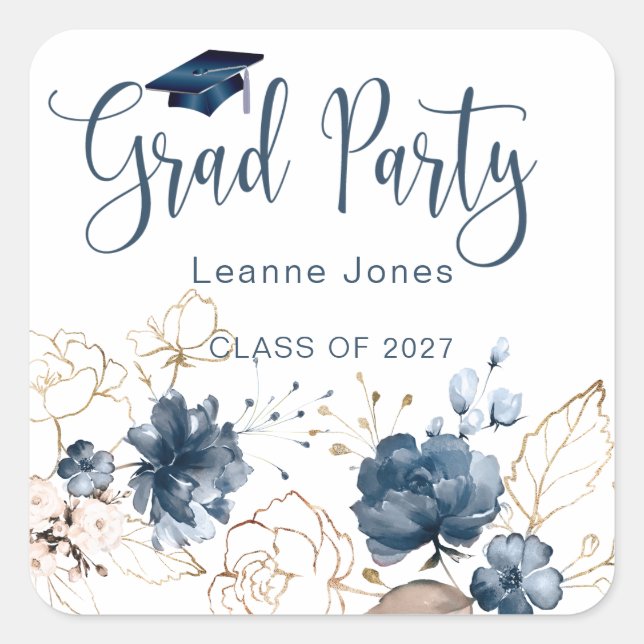 Watercolor floral navy blue & gold Graduation Square Sticker (Front)