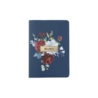 watercolor floral navy blue passport holder