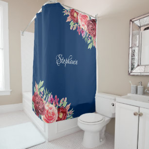 Watercolor Floral Navy Blue Personalized Shower Curtain