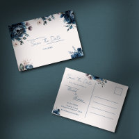 Watercolor floral navy blue Save The Date Postcard