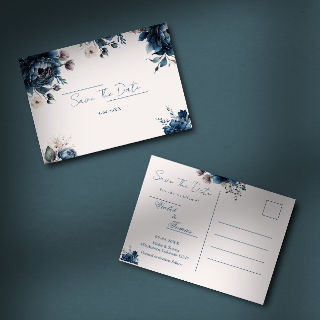 Watercolor floral navy blue Save The Date Postcard (Creator Uploaded)