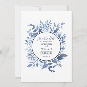 Watercolor Floral Navy Blue Script Save the Date