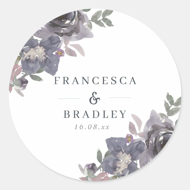 Watercolor Floral Navy Blue Wedding Classic Round Sticker (Front)