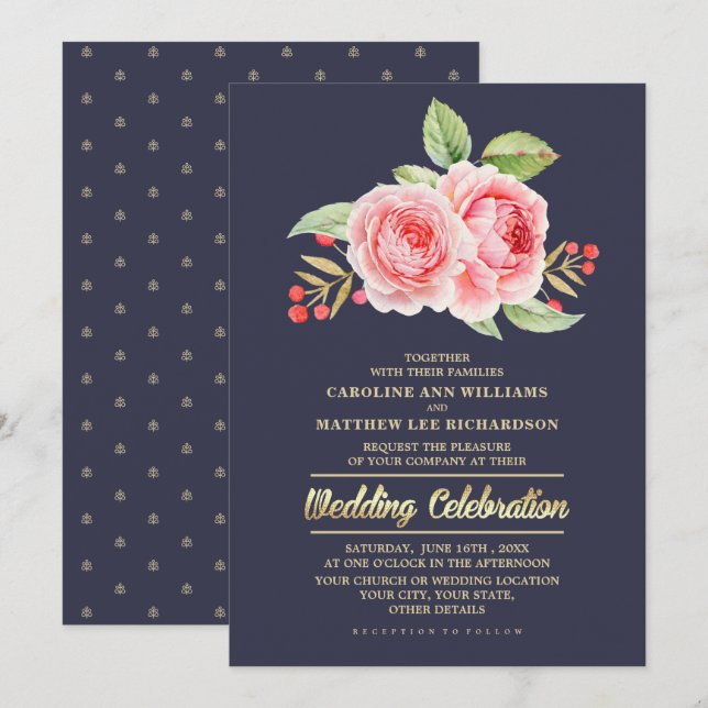 Watercolor Floral Navy Blue Wedding Invitation (Front/Back)